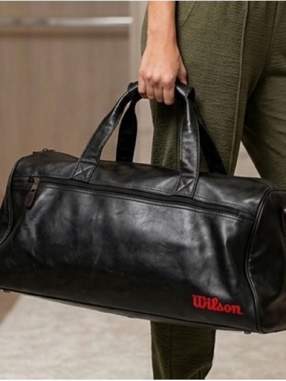 Vintage Wilson Black Leather Duffle Bag Gym Travel Sport Luggage Red Logo Rare
